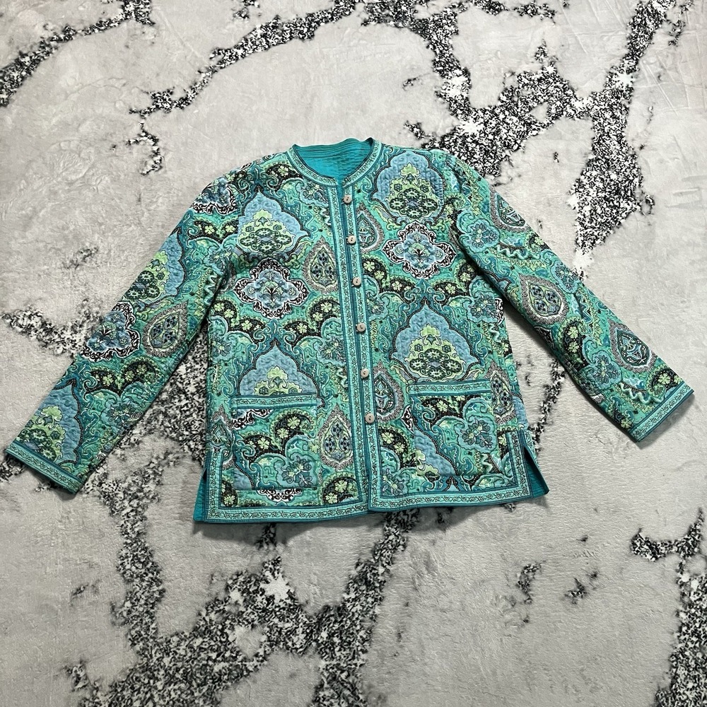 Provence Quilted Jacket Womens Sz‎ M Teal Paisley 100% Cotton Button Front India